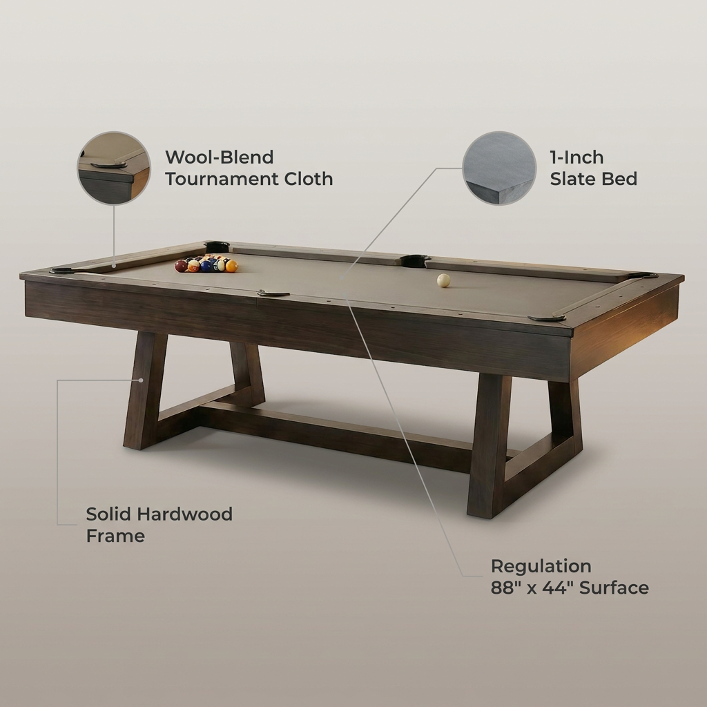 Professional Pool Table Crafted for Tournament Play, 1-Inch Slate Bed, Solid Wood Frame, Regulation Size — infographic
