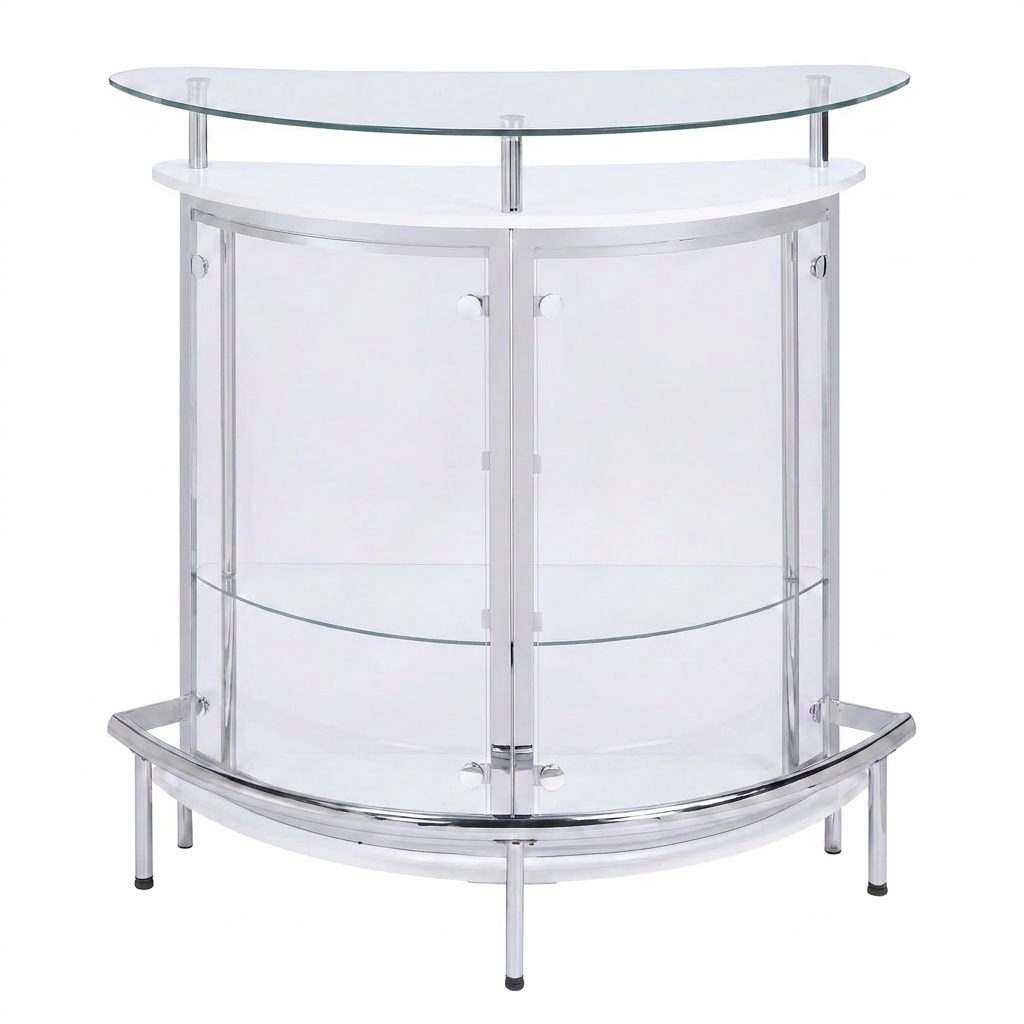 White, Chrome and Clear Home Bar Unit with Acrylic Front — Studio Shot