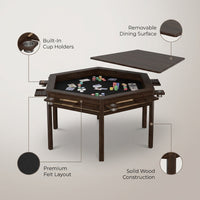 Wood Poker Table Convertible Gaming/Dining Table for 4-6 People with Removable Top, 6-Cup Holders — infographic